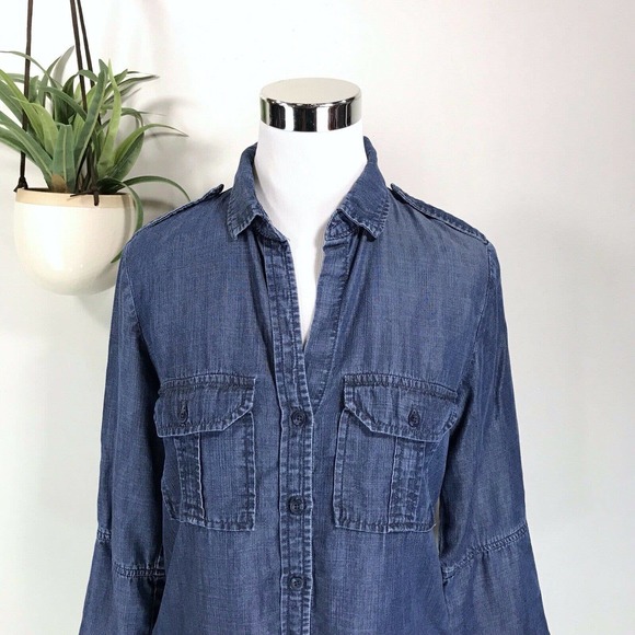 Bella Dahl Blue Tencel Chambray Button Front Top 3/4 Sleeve Shirt Size XS - Picture 2 of 11